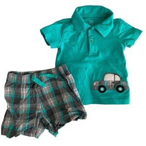 Carter's Turquoise Shirt and Gray Plaid Car Shorts Set